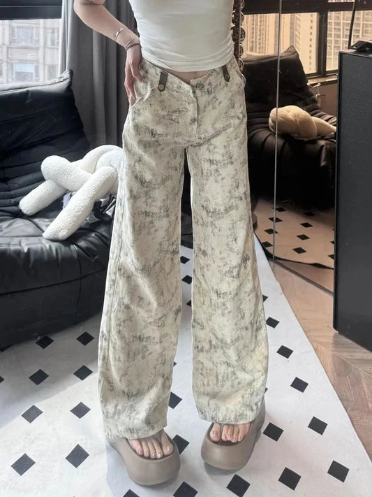 Vintage Tie Dye Jeans Women Y2K High Waist Casual Baggy Denim Pants American Retro Streetwear Fashion Wide Leg Trousers New