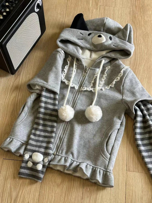 Autumn Winter Japanese Style Hooded Sweatshirt Women Sweet Kawaii Patchwork Fake Two Piece Jacket Y2k Vintage Long Sleeve Coats