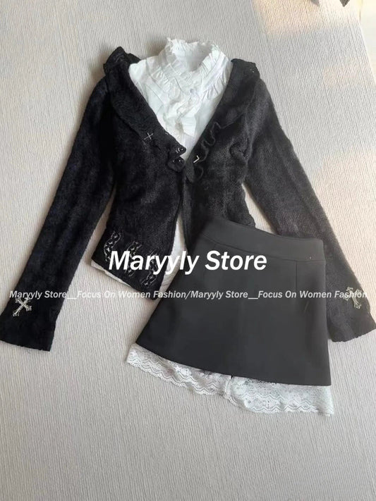 Autumn Y2k Gothic Women Outfits Long Sleeve Cardigan Coat + Ruched Hollow Out Shirts+ Lace High Waist Mini Skirts 3 Piece Sets