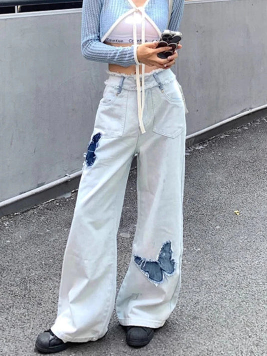Blue Jeans Plus Size Women Y2k Fashion Loose Butterfly Patchwork Causal High Waist Denim Pants Streetwear Retro Bottoms