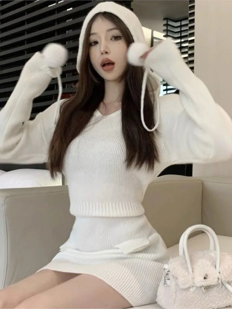 Autumn Women&#8217;s Knitted Dresses for Women Hoodies V-neck Long Sleeve Bodycon Short Dress Casual Korean Chic Vestidos Mujer New