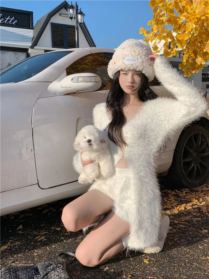 Sweet hot girl pure sexy suit women's autumn knitted cardigan high waisted slim fit shorts twopiece set fashion female clothes