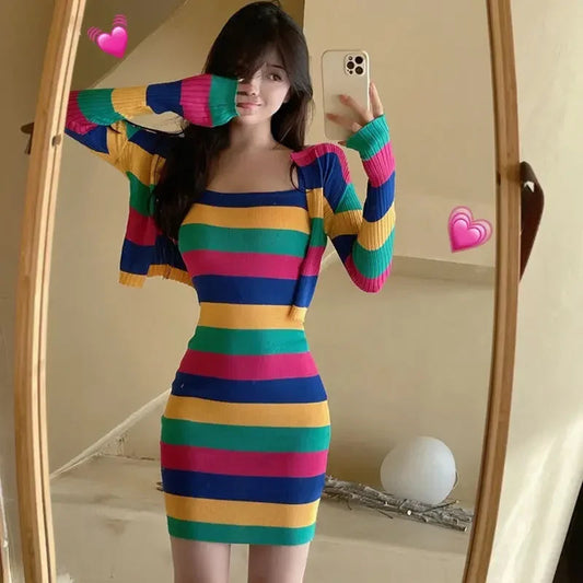 Sweet Hot Girl Suit Women's Autumn and Winter Striped Slim Fit Wrap Hip Strap Dress Longsleeved Knitted Cardigan Twopiece Set