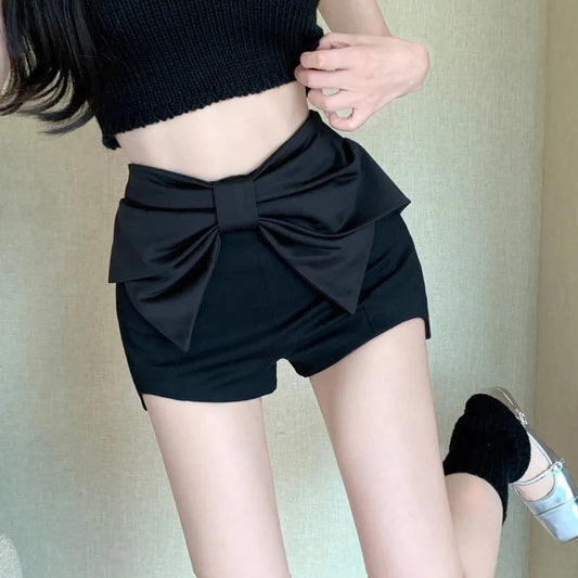 Big Bow Shorts Mujer Black Solid Spring Summer Sexy Women Pants Korean Fashion Vintage Slim Pantalones Cortos