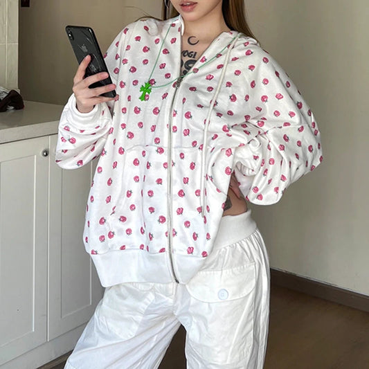 Y2K Floral Print Zipper Hoodie Harajuku Loose Hooded Sweatshirts Cute Oversized Cardigan Casual Basic Thin Coats Autumn