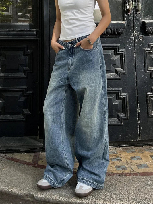 Blue High Waisted Denim Pants Women Harajuku Y2k Vintage Loose Kpop Straight Leg Jeans Streetwear Hip Hop Casual Trouser