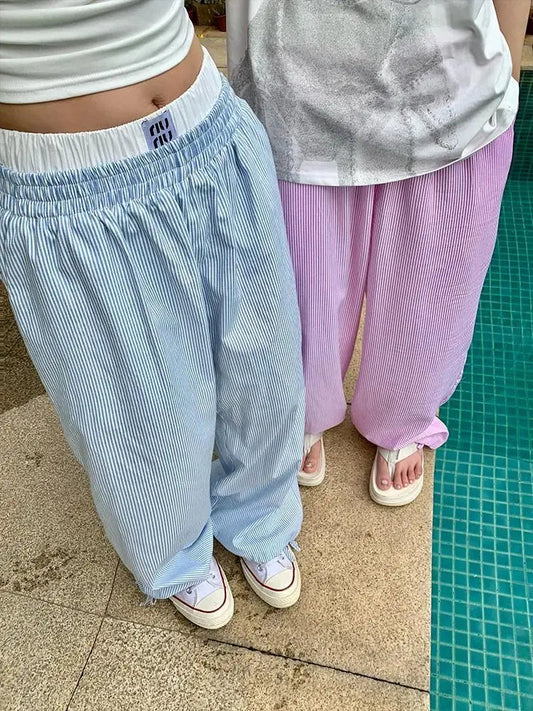 Summer Striped Pants Women Fashion Casual Wide Leg Pants Harajuku Patchwork Fake Two Pieces Trousers Korean Streetwear
