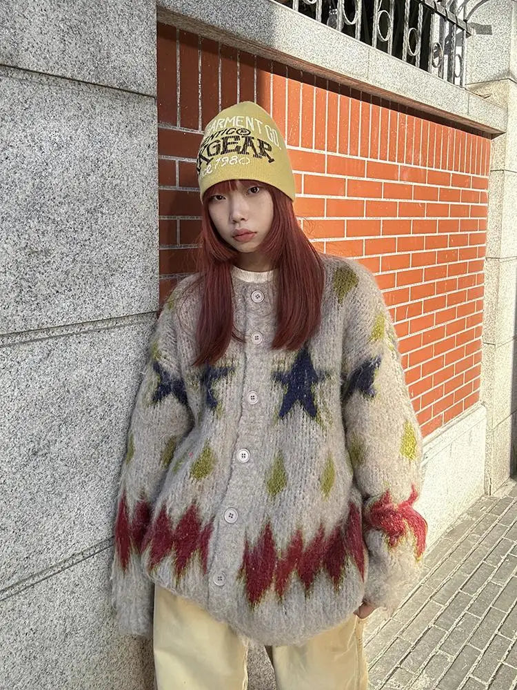 American Retro Christmas Star Knitted Cardigan for Men and Women Round Neck Couple Sweater Soft Plush Coat Sweaters Women Top