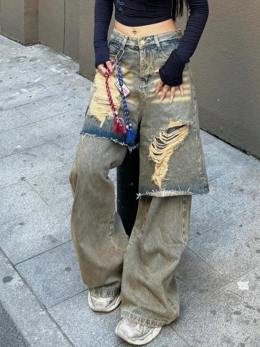 American Vintage Oversize Washed Denim Pants Spring Autumn New Loose Jeans for Women Y2k High Waist Hole Wide Leg Pants