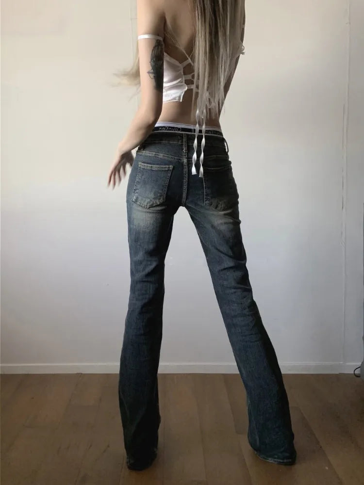 Y2k Sexy Coquette Low Rise Flared Jeans Women American Retro Casual Grunge Popular Denim Pants 2000s Streetwear 90s