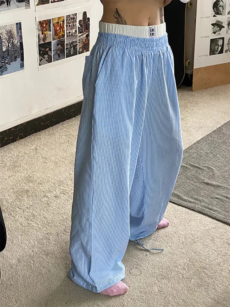Summer Striped Pants Women Fashion Casual Wide Leg Pants Harajuku Patchwork Fake Two Pieces Trousers Korean Streetwear