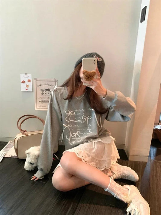 Sweatshirt Women Bow Hollow Out O Neck Long Sleeve Letter Printed Loose Thin Pullover Autumn New Sweet Female Hoodies