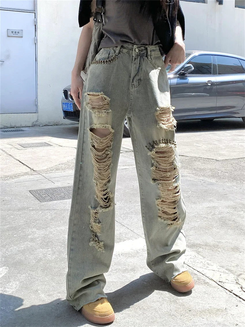 Autumn Hole Streetwear Jeans Women High Waist Straight Loose  Wide Leg Chic Slim Vintage Office Wear Daily Pants