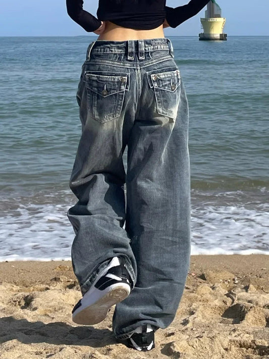 Y2k Vintage 90s Streetwear High Waist Wide Leg Pants American Retro Grunge Hip Hop Oversized Baggy Denim Pants 2024