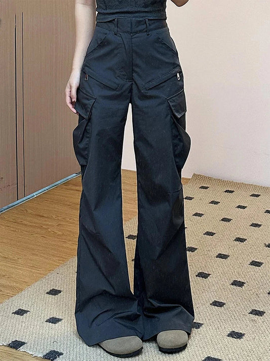 Women's Black Cargo Flare Pants Harajuku Streetwear Baggy Pants Y2k 2000s 90s Aesthetic Emo Pants Vintage Trousers Clothes 2024