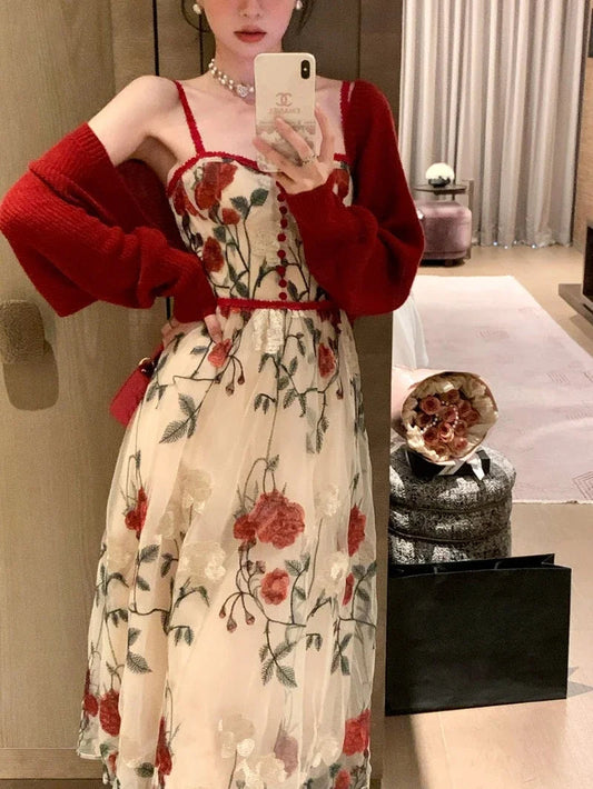 Sweet Hot Girl Suit Women's Autumn Red Longsleeved Cardigan Embroidery Floral Strap Dress Twopiece Set Fashion Female Clothes