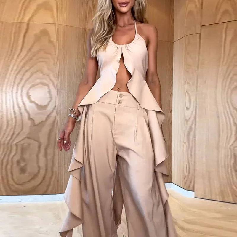 Women's Fashion High Street Outfits New Hollow Design Backless Slim Suits Sexy Halter Ruffled Top with Long Pants 2 Piece Sets