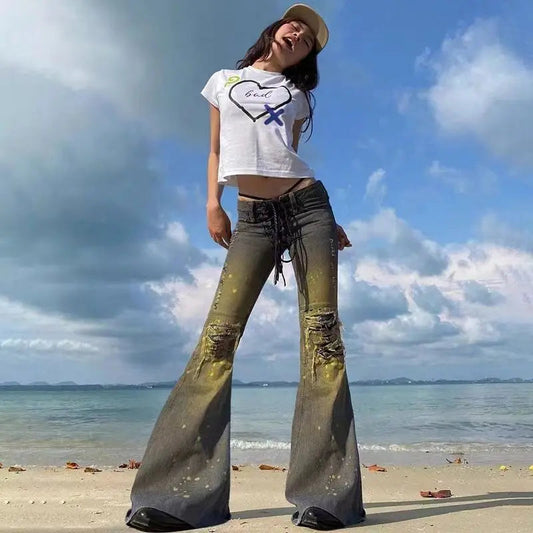 American Y2K low rise sexy jeans laceup design splashed ink distressed vintage thin versatile popular ripped flared pants