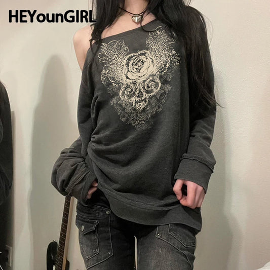 Women Graphic Print Slanted Collar Pullovers Y2K Street Outfits Harajuku Fashion Sweatshirt Grunge Style Retro Top