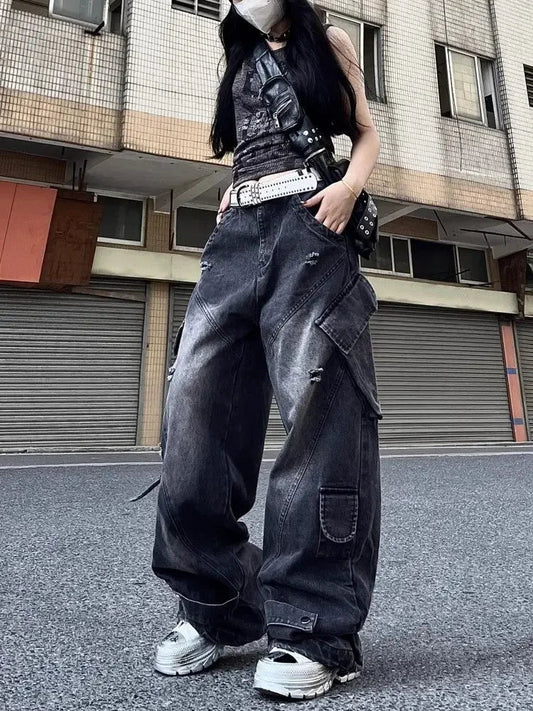 Black Ripped Cargo Jeans Women Hip Hop Harajuku Causal Loose Do Old Straight Wide Leg Denim Pants Y2k Chic Mujer Trouser