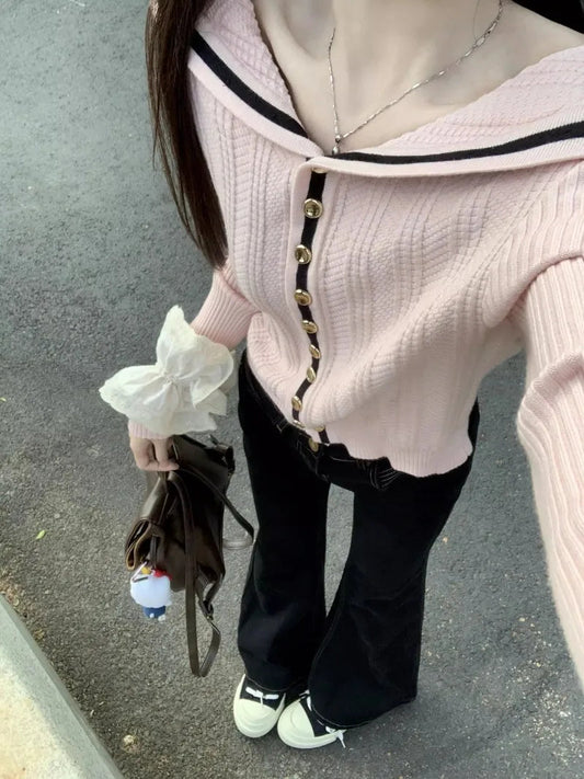 Sweet Hot Girl Pink Off Shoulder Longsleeved Sweater Women's Autumn Sailor Collar Knitted Cardigan Top Fashion Female Clothes