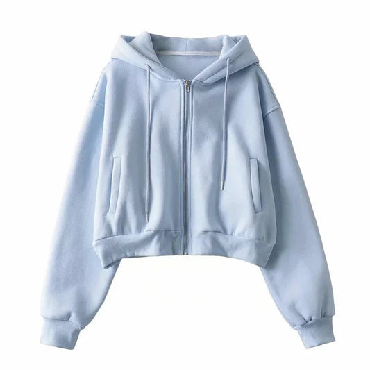 autumn spring women's Zip up hoodies pockets slim crop top women jacket female clothes drawstring white sexy hoody cotton coats
