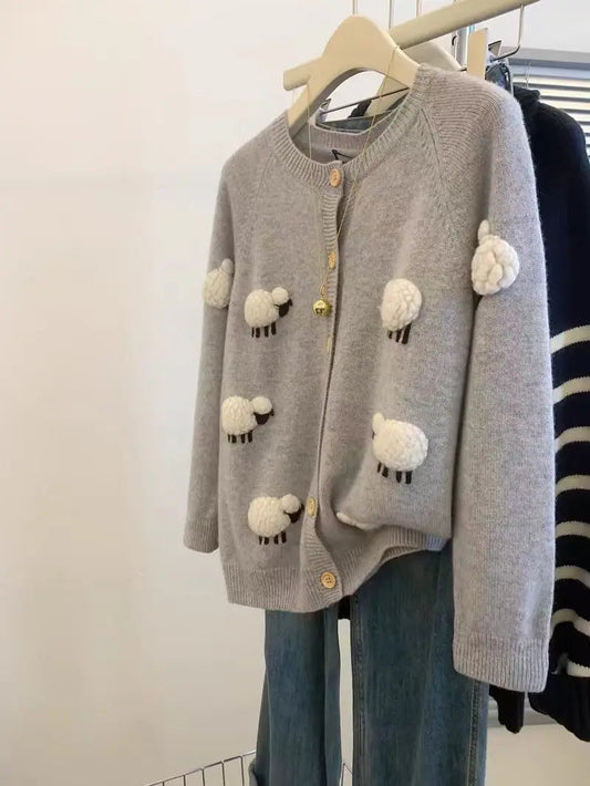 Sweet Hot Girl Threedimensional Lamb Knitted Cardigan Women's Autumnwinter Thickened Oneck Longsleeved Loose Sweater