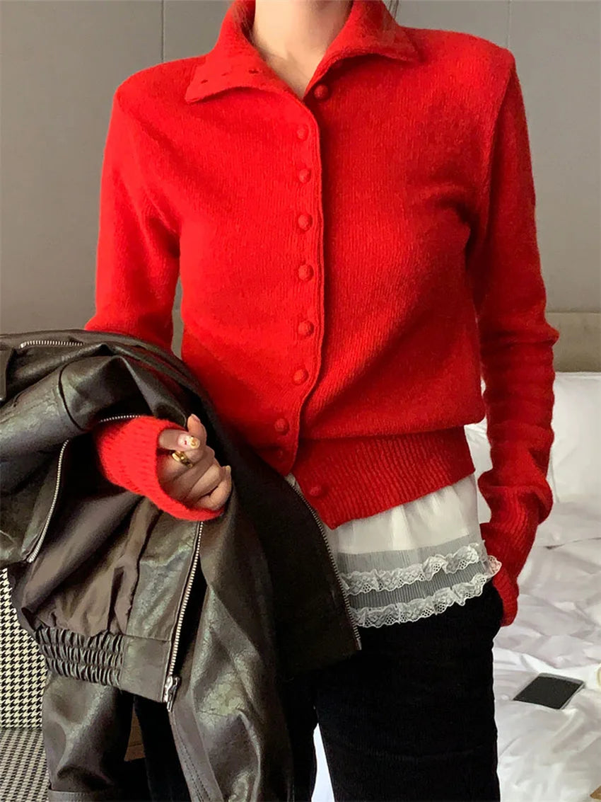 Vintage Red Sweaters Solid Knitted Loose Daily All Match Fashion Autumn 2024 Cardigans New Gentle Sweet Casual