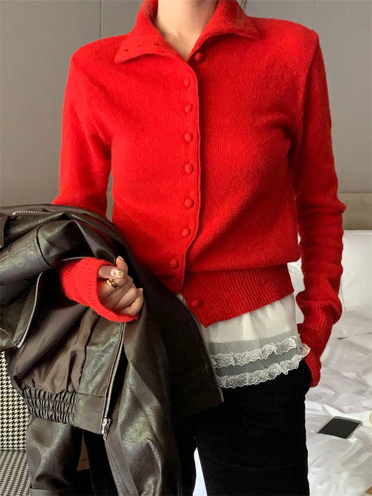 Vintage Red Sweaters Solid Knitted Loose Daily All Match Fashion Autumn 2024 Cardigans New Gentle Sweet Casual