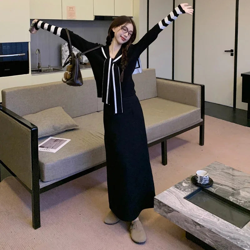 Autumn New Japanese Contrast Color Patchwork Laceup Long Sleeve Cardigan Women + Loose Knitted Aline Skirt Twopiece Suit
