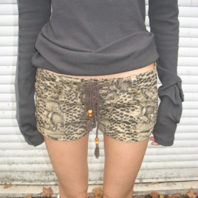 2000s Vintage Y2k Pants Lowwaisted Lace Up Ropa Mujer Summer New Aline Wide Leg American Vintage Washed Leopard Print Shorts