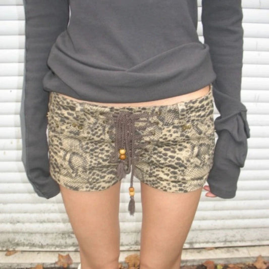 2000s Vintage Y2k Pants Lowwaisted Lace Up Ropa Mujer Summer New Aline Wide Leg American Vintage Washed Leopard Print Shorts