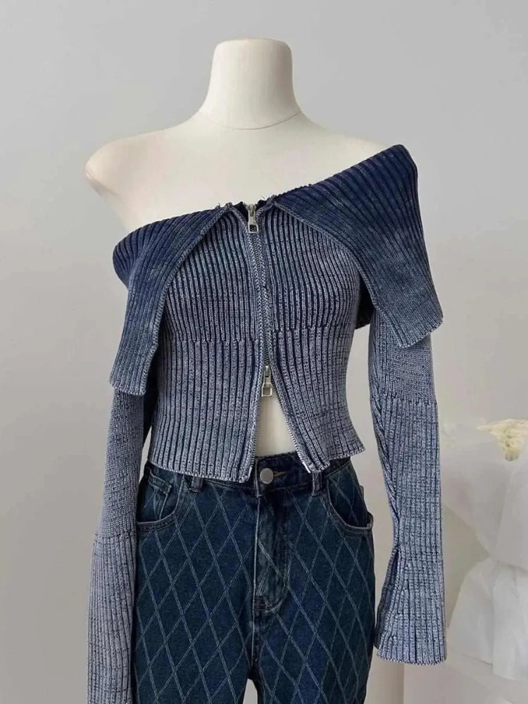 Bow Print Offshoulder Knitwear Gradient Cardigan Sweater Zipper Maillard Style Fairy Grunge Long Sleeve Top Y2k Clothes