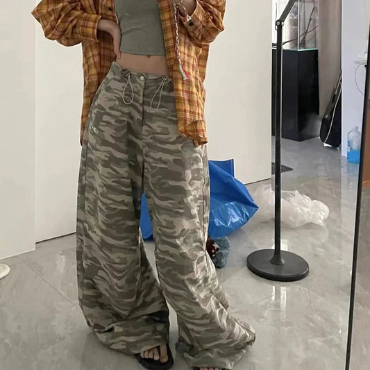 Y2K Camouflage Pants Women Vintage Hip Hop Streetwear Baggy Pants Korean Drawstring Oversize Low Waist Summer Chic Trousers