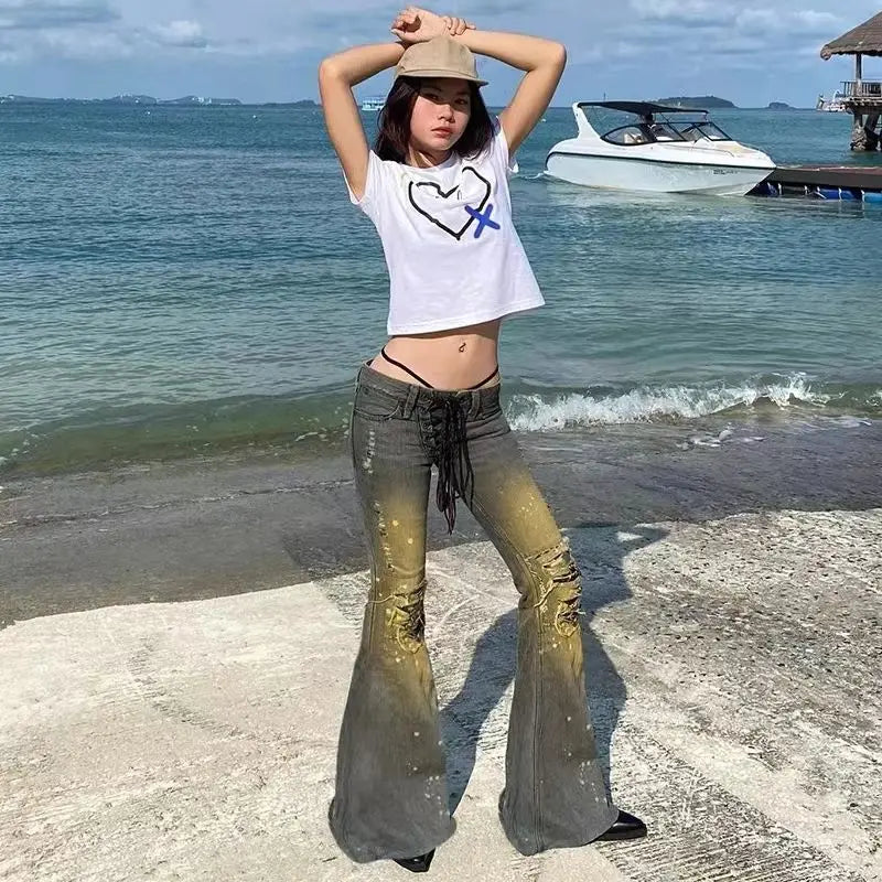 American Y2K low rise sexy jeans laceup design splashed ink distressed vintage thin versatile popular ripped flared pants