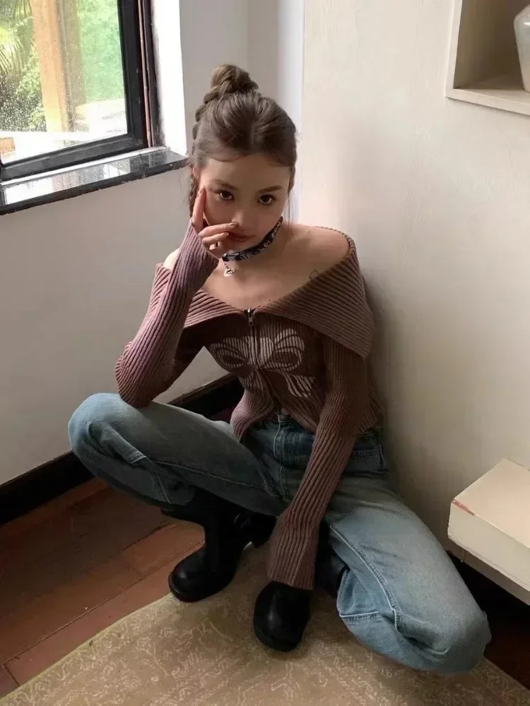 Bow Print Offshoulder Knitwear Gradient Cardigan Sweater Zipper Maillard Style Fairy Grunge Long Sleeve Top Y2k Clothes