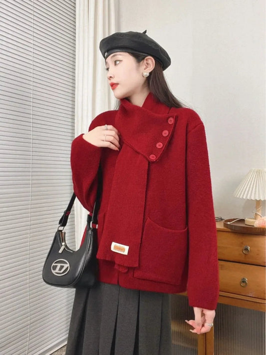 Sweet Hot Girl Christmas Detachable Scarf Knitted Cardigan Women's Fall/winter Loose Longsleeved Sweater Fashion Female Clothes