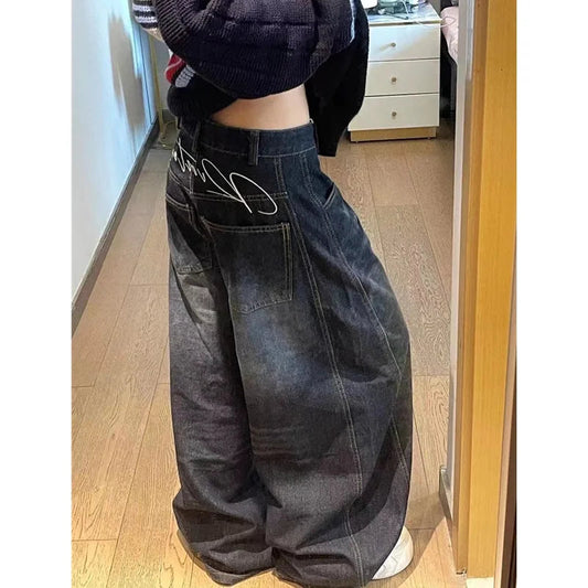 Vintage Womens Jeans Y2K American Style Wide Leg Denim Trouser Design Hip Hop Straight High Waist Baggy Denim Pants Streetwear