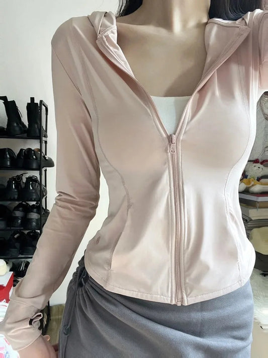 Sweet Pink Ice Silk Sun Protection Coat Women 2024 Summer Slim Fit Zipper Cardigans Y2k EGirl Long Sleeve Jackets Mujer