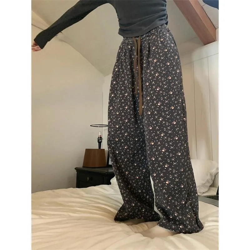 Casual Vintage Sweatpants Woman Korean Baggy Thick Flower Print Wide Leg Pants Harajuku High Waist Autumn Warm Trousers