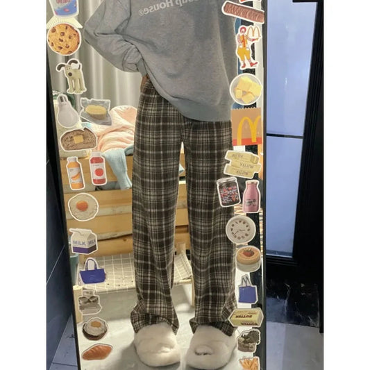 Vintage Woolen Plaid Pants Women Autumn Winter Korean Fashion Harajuku Baggy Check Loose Trousers Casual 90s Aesthetic New