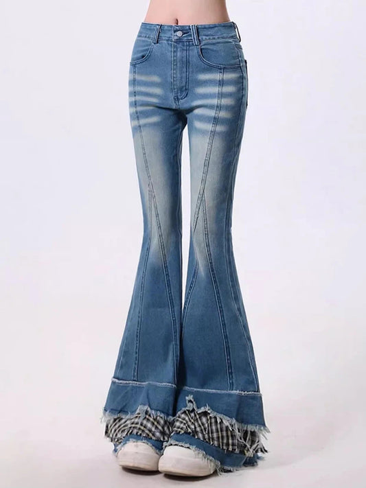 Women Stitch Raw Edge Ruffle Hem Flare Jeans Retro Tartan Plaid Whiskers Boot Cut Pants Grayu Y2k Korean Streetwear