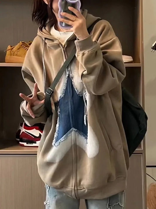 Y2K Zip Up Hoodie Women Sweet Star Graphics Sweatshirts Fashion Red Oversized Sport Coat Grunge Female Harajuku Clothes