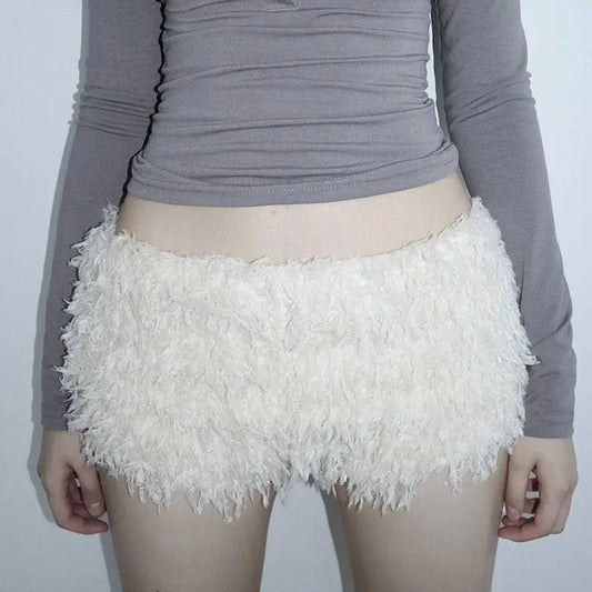 White Sweet Knitted Furry Super Mini Shorts for Women Winter Warm Low Waist Hot Pants Women Sexy Wrap Hip Slimming Leggings