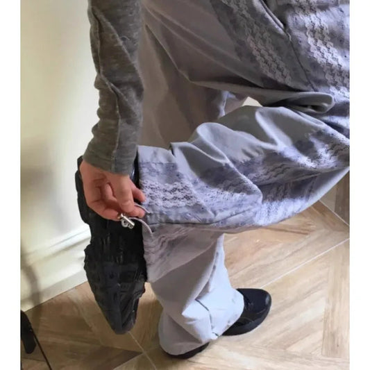 2024 Summer New Loose Y2k EGirl High Waist Straight Trousers Fashion Vintage Lace Patchwork Nylon Wide Leg Pants 2000s Vintage