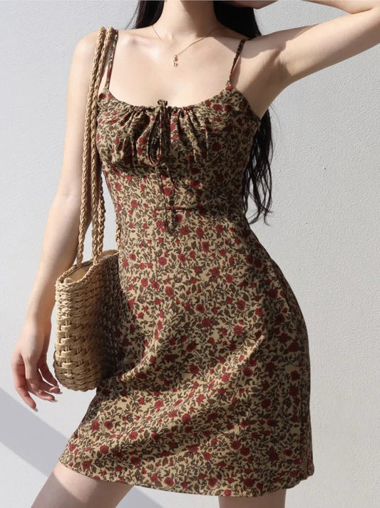 Summer Vintage Floral Print Dresses Women Casual Strap Laceup Beach Holiday Vestidos Female Backless Sleeveless Clothes