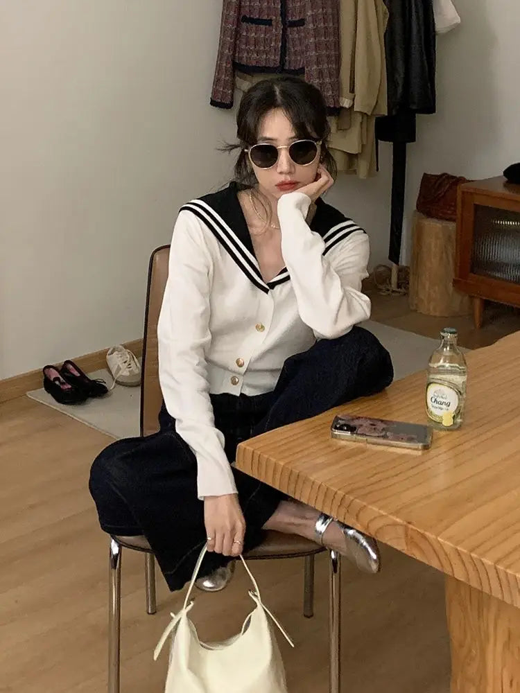 White Navy Collar Knitted Cardigan Age Reduction Women Clothing Autumn Thin Long Sleeve Sweater Korean Fashion Y2k Top