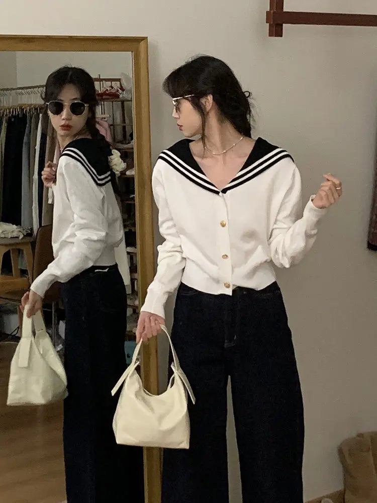 White Navy Collar Knitted Cardigan Age Reduction Women Clothing Autumn Thin Long Sleeve Sweater Korean Fashion Y2k Top