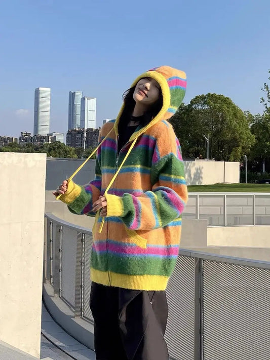 Women Retro Rainbow Striped Knitted Sweater Cardigan 2024 Color Blocked Casual Versatile Autumn Winter Hooded Jacket