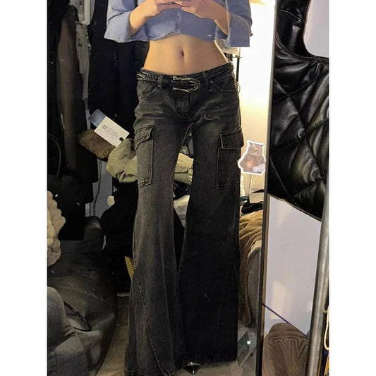 Y2k Vintage Flare Cargo Jeans Woman American Retro Low Waist Black Denim Pants Streetwear Grunge Gothic New Trousers